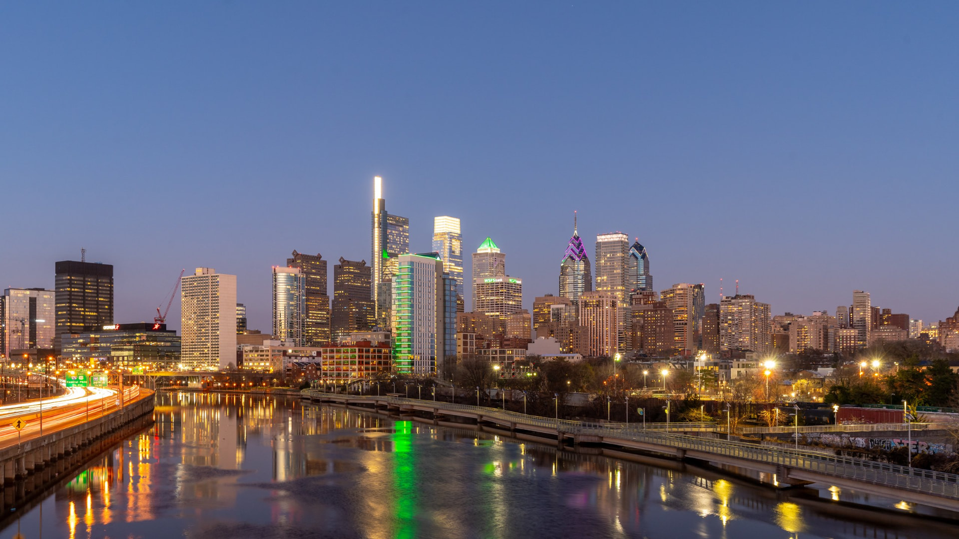 The Philadelphia skyline at dusk